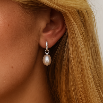 Susie | Silver Huggie Pearl Drop Earrings