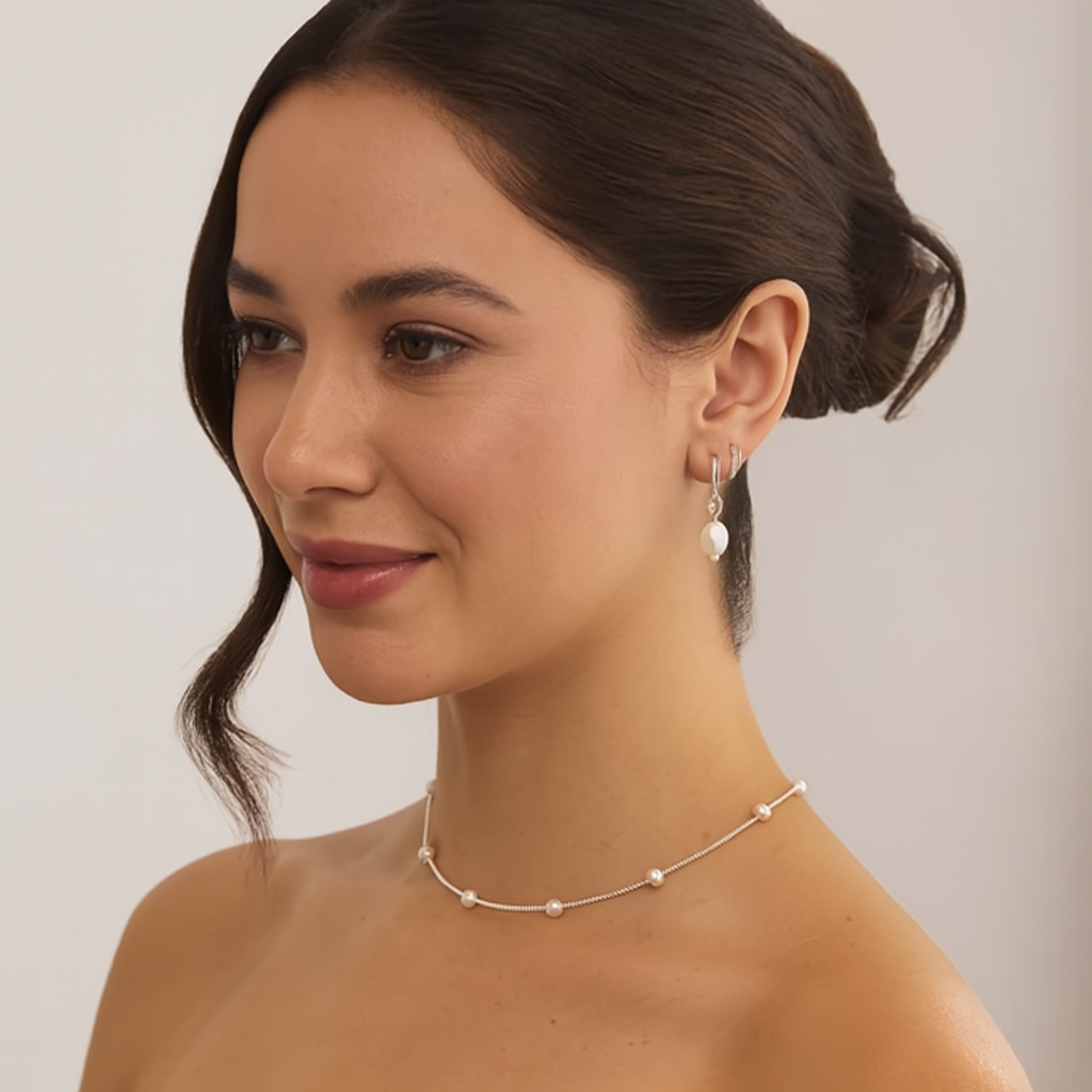 Susie | Silver Huggie Pearl Drop Earrings