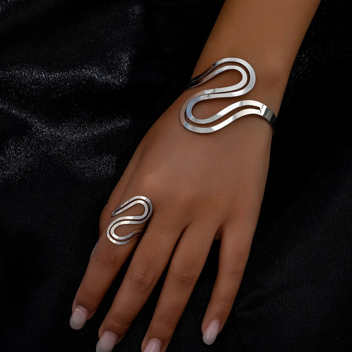 Selina - Modern Swirl Adjustable Gold Bracelet and Ring Set