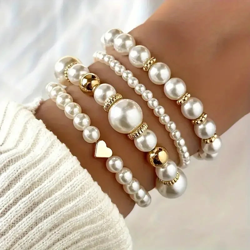 Thalia - Gold Accented Pearl Bracelet Stack