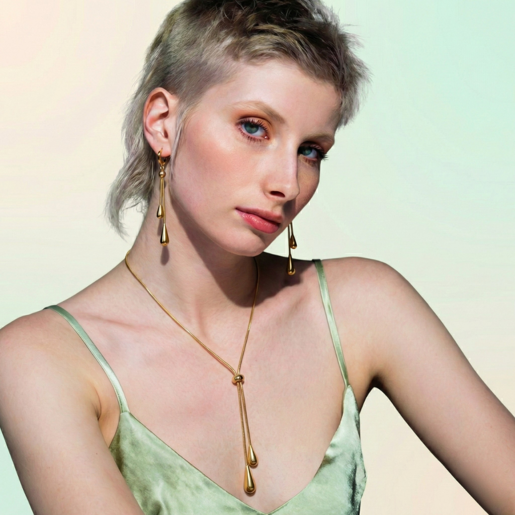 Ismara - Adjustable Pull Droplet Necklace &amp; Earrings